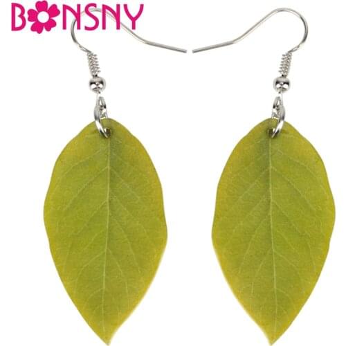 Bonsny Acrylic Green Leaf Earrings Big Long Dangle Drop Novelty Greenery Plant Jewelry For Women Girls Ladies Teens Accessories