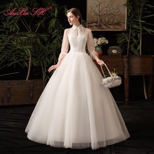 AnXin SH princess little bow white lace wedding dress vintage high neck half flare sleeve illusion bride ball gown wedding dress