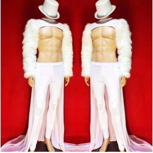 DS DJ Show Outfit Bar Nightclub Party Show Stage Outfit Set Big Size White Fur Sleeves Mens Jacket Tail Men Singer