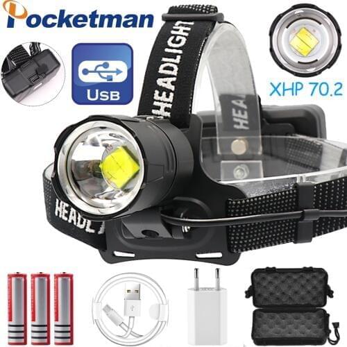 7000LM USB Rechargeable LED headlamp xhp70.2 powerful Headlight XHP70 Zoom high power fishing headlamp torch Headlight Camping