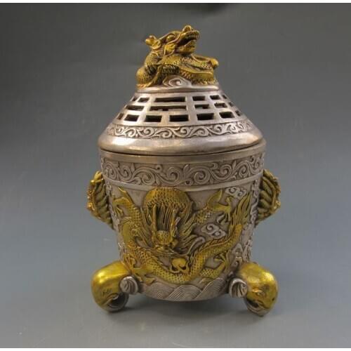 China Silver Gilt Dragon Incense Burner & Lid w Ming Dynasty Xuan De Mark