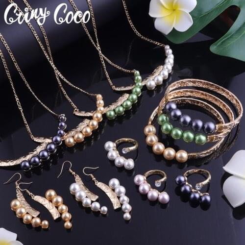 Cring Coco Hawaiian Polynesian Necklaces Earrings Set Traditional Samoan Bracelet Ring Women 14K Gold Plated Pearl Jewelry Sets