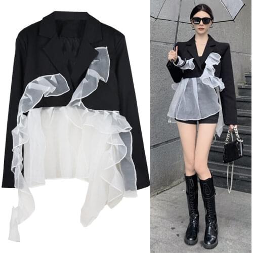 Vintage Mesh Lace Blazers Ladies 2021 New French Celebrities Temperament Short Spliced Irregular Suit Coats High Quality