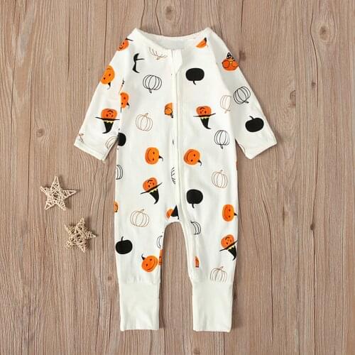 Fashion Newborn Infant Baby Girls Boys Long Sleeve Clothes Halloween Pumpkin Printed Zipper O-neck Romper One-piece Jumpsuit#p4