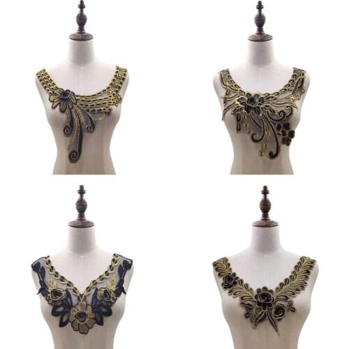 Fashion mesh 3D gold line Embroidery lace fabric trim ribbon DIY sewing applique collar cloth wedding dress craft Accessory