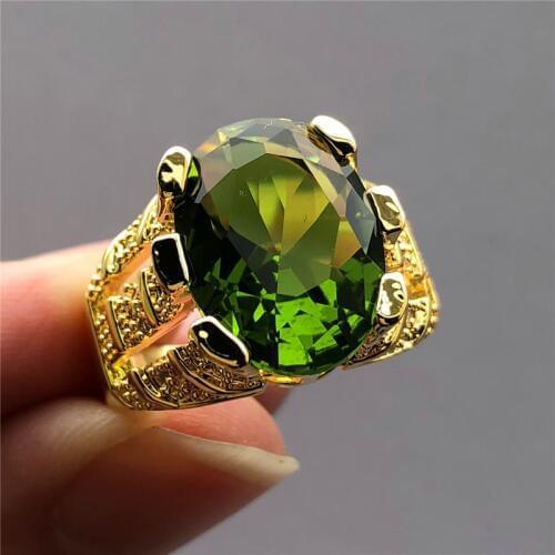 New Fashion Male Peridot Oval Finger Ring Luxury Big Crystal Zircon Stone Ring 14KT Yellow Gold Promise Engagement Rings For Men