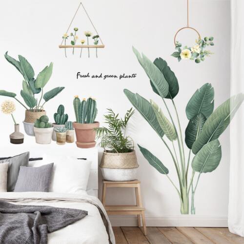 Wall Stickers Green Plant Leaves Flower Pot Kids Bedroom Living Room Decor Warm Self-adhesive Wall Paper Decoration Vinyl Decals