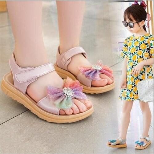 2021 summer new girls' sandals girls' fashion butterfly lovely princess shoe knot student solid soft sole antiskid beach shoes
