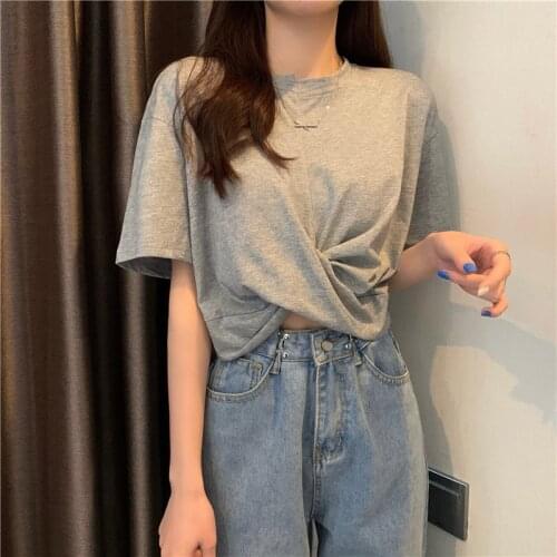Solid Short Sleeve T-shirt Women 2021 New Summer Design Sense Niche Cross Tshirt Loose Korean Irregular Top Clothes Tee Female