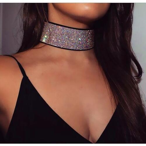 Shiny colorful rhinestone crystal choker necklace for women nightclub party trendy jewelry collar neck statement necklace