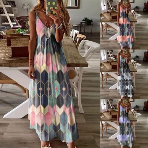 4XL Long Dresses Summer Women Dress Geometric Hexagon Large Hem V Neck Sleeveless Cotton Maxi Sling Dress for Summer Robe Femme