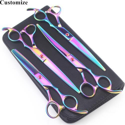 Customize professional 4 kit 7 inch pet curved shears dog grooming hair scissors thinning cutting barber hairdressing scissors