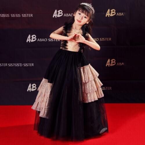 Luxury Black Flower Girls Dresses Princess Sequined Ball Gown Tiered Floor-Length Tulle O-Neck Sleeveless Kids Party Dress D212