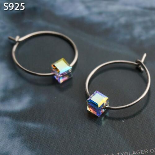 Genuine Real Pure Solid 925 Sterling Silver Hoop Earrings for Women Fine Jewelry Square Crystal Female Earrings