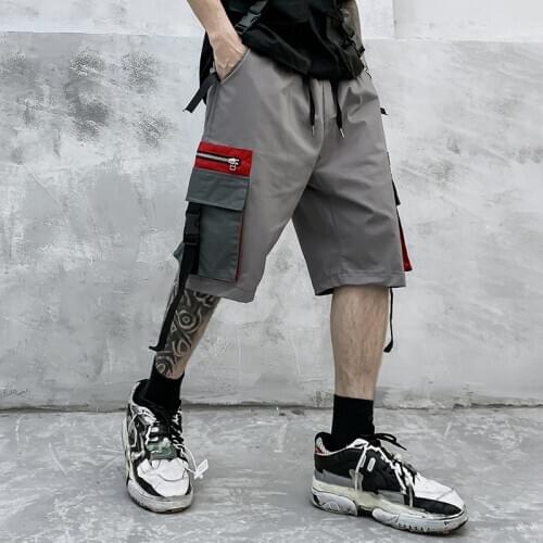 Summer fashion Cargo pants shorts men Many pockets Grey color Elastic waist