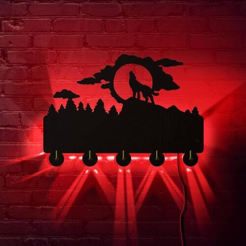 Howling Wolf LED Wall Hook Coat Color Changing Hook Hanger Woodland Wolf Hanger Organizer Key Holder Wildlife Animal Home Decor