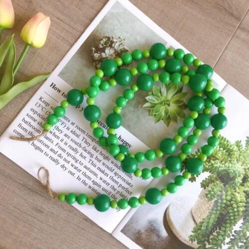 Green Wood Bead Garland with Tassels Farmhouse Beads Rustic Country Decor Nordic Kid Room Wall Hanging Ornament Home Decor