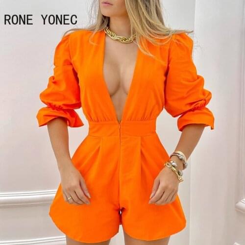 Women Solid Casual Puff Sleeve Deep V neck Zipper Asymmetrical Sexy Rompers