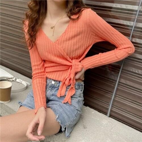Harteen Summer 2021 New Sexy Korean Style Long Sleeve Women V-Neck Femme Tops Thin Knit Sweater Pullovers Blusa De Frio Feminina