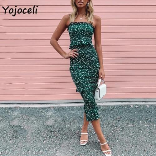 Yojoceli floral print ruffle dress women bodycon mini shirred midi dress boho beach sundress