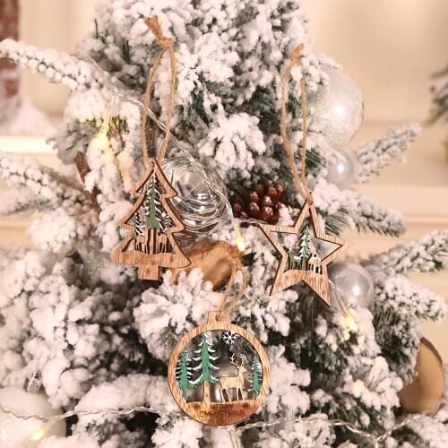12 Sets Merry Christmas Tree Deer Pattern Wooden Pendant DIY Crafts Xmas Navidad Decorations New Year Home Ornament Wholesale X2