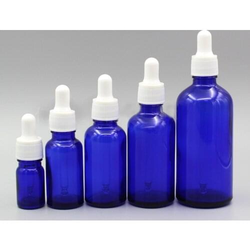 2/10pcs 5ml 10ml 15ml 20ml 30ml 50ml 100ml Empty Blue Glass Essential Oil Dropper Bottle with White PP Dropping Cover & Pipette