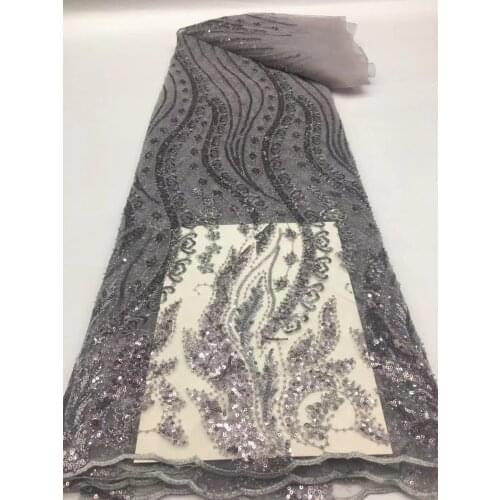 5yards/pc) High quality grey African tulle lace fabric with excellent tube beads and sequins embroidery for party dress FSS430
