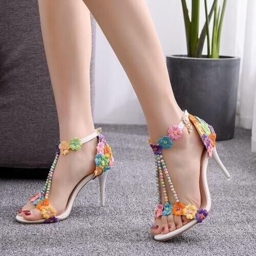 Color lace beaded sandals stiletto heel size shallow mouth with rainbow sandals mid-heel womens shoes