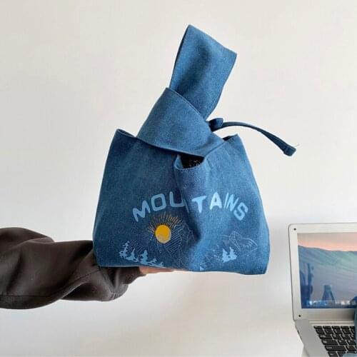 Japanese Style Denim Wrist Bag For Girls Mini Concise Lunch Box Tote Food Bags 2022 Korean Designer Female Pouch Purse Phone 245