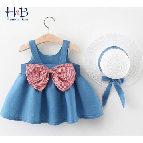 Humor Bear New Summer Baby Girl Sling Denim Dress Hat As A Gift 2PC Set Cute Toddler Baby Kids Clothes