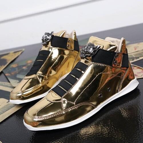 BomKinta Leopard Head Decoration Casual Patent Leather Shoes Men Fashion Glitter Men Shoes Slip On Personality Sneakers Men