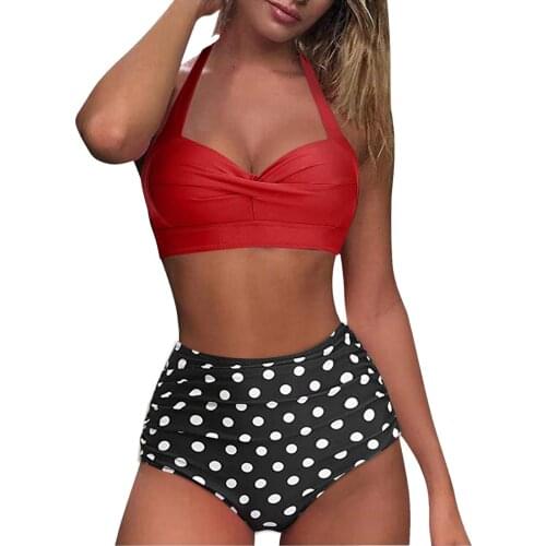 Swimwear Women Vintage Hanging Neck Swimsuit Leaf Print Two Piece Swimsuit Retro Halter Ruched Leaf Print High Waist Bikini Set