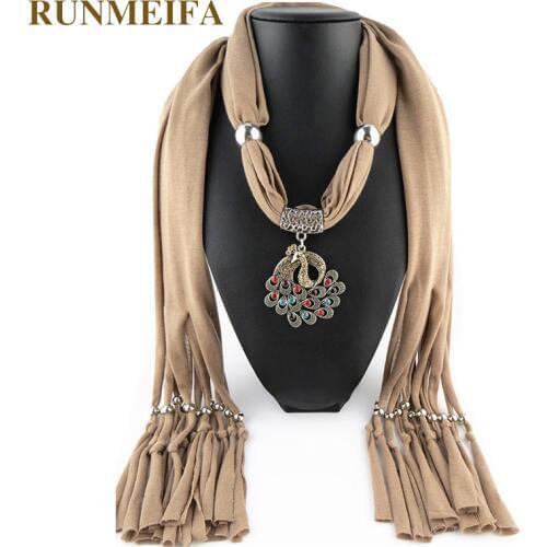 RUNMEIFA Pendants Necklaces Scarf Brand Colorful Iron Alloy Peacock Pendant Solid Scarf Lady jewelry scarf Free Shipping