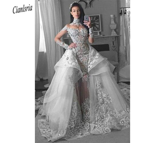 Luxury High Neck Appliques Beading Crystal Dubai Arabic Mermaid Wedding Dress Detachable Train Long Sleeve Illusion Bridal Gown