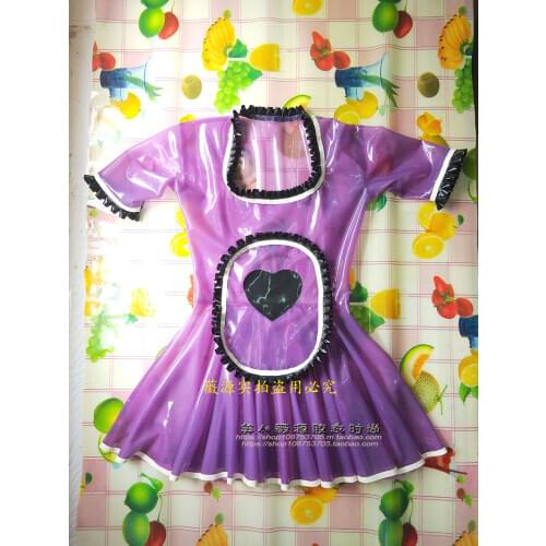 Sexy Women Transparent Purple Latex Dress Fetish Lace Sleeve Rubber Skirt Slim with Back Zip