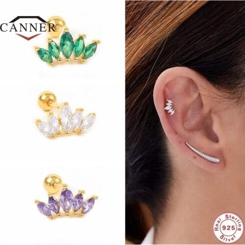CANNER Small Crown 925 Sterling Silver Black/ Purple Zircon Stud Earrings for Women Screw Ear Bone Piercing Earring Fine Jewelry