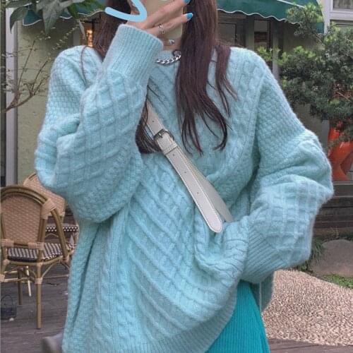 Blue Pullover Sweater Womens Loose Outer Wear Autumn and Winter Gentle Thickened Internet Celebrity Same Mid-Length Top