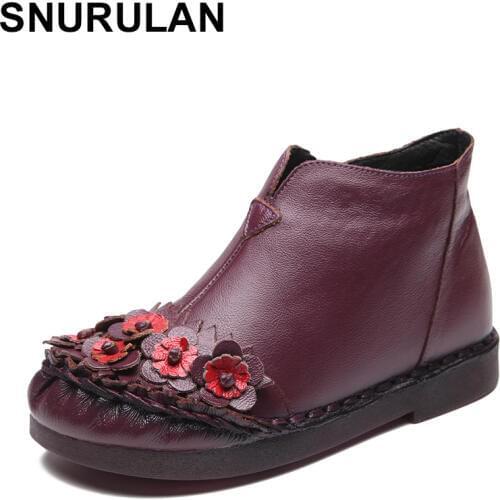 SNURULAN 2019 New Arrival Retro Genuine Leather Ankle Boots Women Martin Boots Cowhide Flat Shoes Handmade Winter Fur Boots
