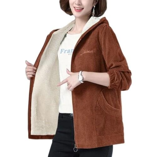 Corduroy Womens Coat Plus Velvet Thicken Ladies Jacket Autumn Winter Mom Attire Loose Keep Warm Imitate Lambswool Outerwear