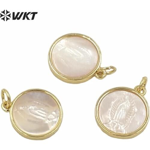 MP171 Wholesale 14mm white MOP shell pendant gold electroplated bezel pendant religious mother virgin mary shell pendant
