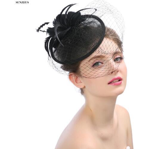 Black Feathers Wedding Hats And Fascinators Line Women Bridal Hat With Veil accessoires mariages SQ034