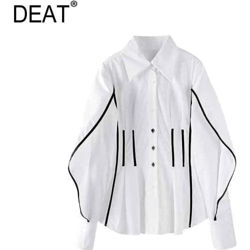 [DEAT] 2021 Spring New Fashion Tide Single-breasted Splicing Long Sleeve Turn-down Collar Loose Temperament Women Shirt 13C506