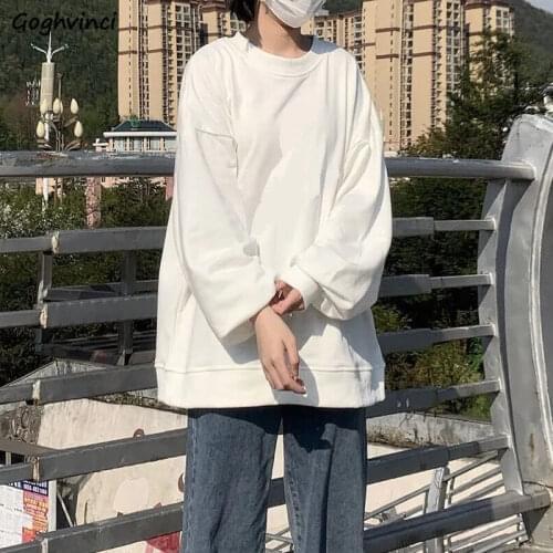 No Hat Hoodies Womens Spring Solid Loose Simple Korean Style Chic New Daily Leisure All-match Streetwear Soft Vintage O-neck Ins