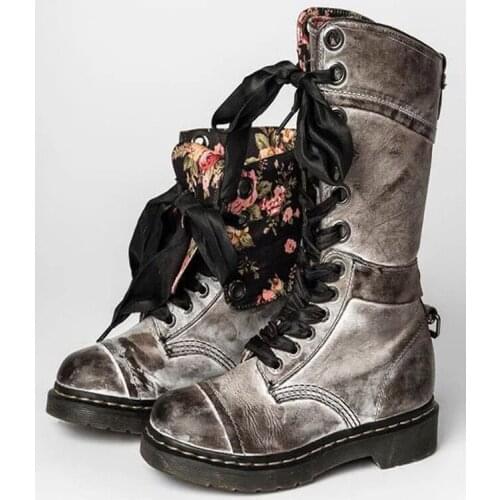Women Vintage Print Mid-Calf Boots Ladies Autumn Winter Non-slip Female Steampunk Leather Sewing Shoes Womens Lace Up Footwear