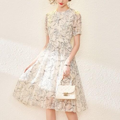 Euro-2021 summer new round neck fashion print show thin A-word dress