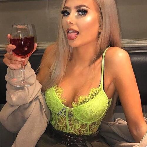 Tinastyle Neon Sexy Lace Bodysuit Women Summer Top V-neck Sheer See Through Bodycon Rompers Womens Jumpsuit Party Beach Bodysuit