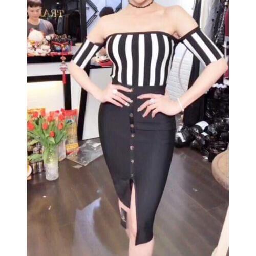 Womens Sexy Off Shoulder Strapless Striped Bandage Dress 2018 Knitted Designer Bodycon Sexy Party Bandage Dress