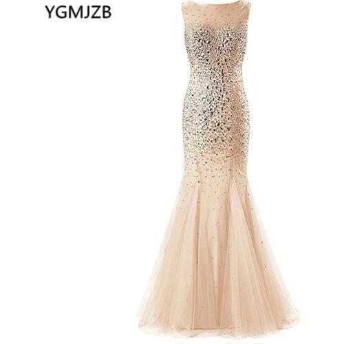 Luxury Evening Dresses Long 2018 Mermaid Scoop Beaded Crystal Tulle Backless Formal Party Gown Prom Dresses Robe De Soiree