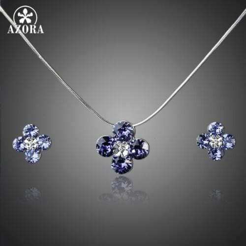 AZORA White Gold Color Purple Stellux Austrian Crystal Flower Stud Earrings and Necklace Jewelry Set TG0029