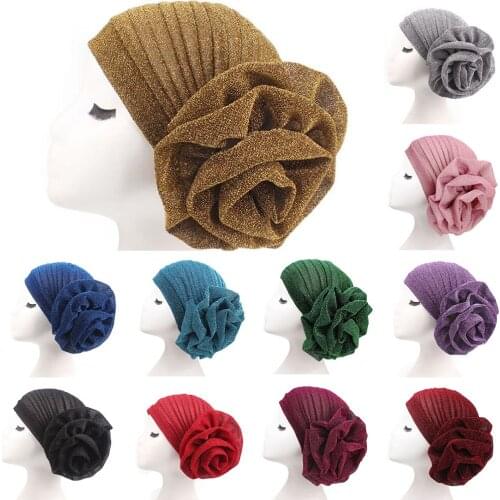 Women Shinr Silve Gold Flower Knot Turban Muslim Turban Hat Ready To wear Hijab Cap Muslim Headdress Women Muslim Hijab caps